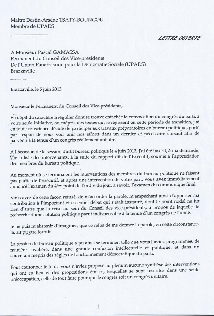 Lettre de Arsène TSATYBOUNGOU à Pascal GAMASSA suite à la tenue du