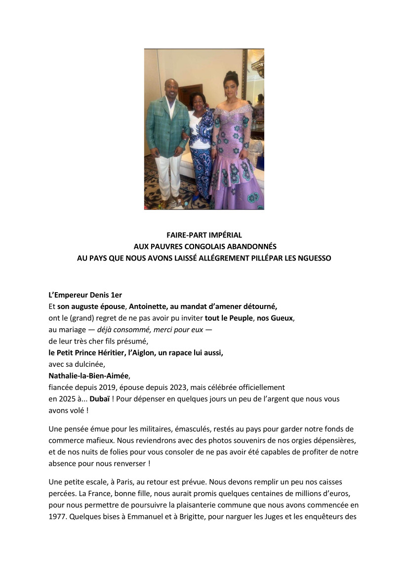 DENIS CHRISTEL SASSOU-NGUESSO : FAIRE-PART IMPÉRIAL AUX PAUVRES ...